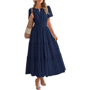 BTFBM Womens Summer 2025 Casual Midi Maxi Dresses Lightweight Short Sleeve V Neck Elastic Waist Boho Beach Dress Pockets (Small)