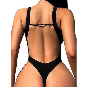 Foxiny Sexy Backless Cheeky High Cut Leg Thong V Neck One Piece Swimsuit,Black, Medium