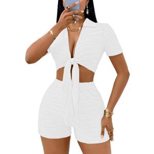 MSLG Women's Sexy 2 Piece Set Solid Summer Bodycon Suit Casual Tie Front Short Sleeve V Neck Crop Top Shorts Outfits Sets S42 (Large, White)