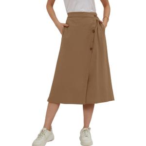 CHARTOU Women's Summer Linen Elastic Back Buttoned Swing Midi A Line Skirt (Brown, M)