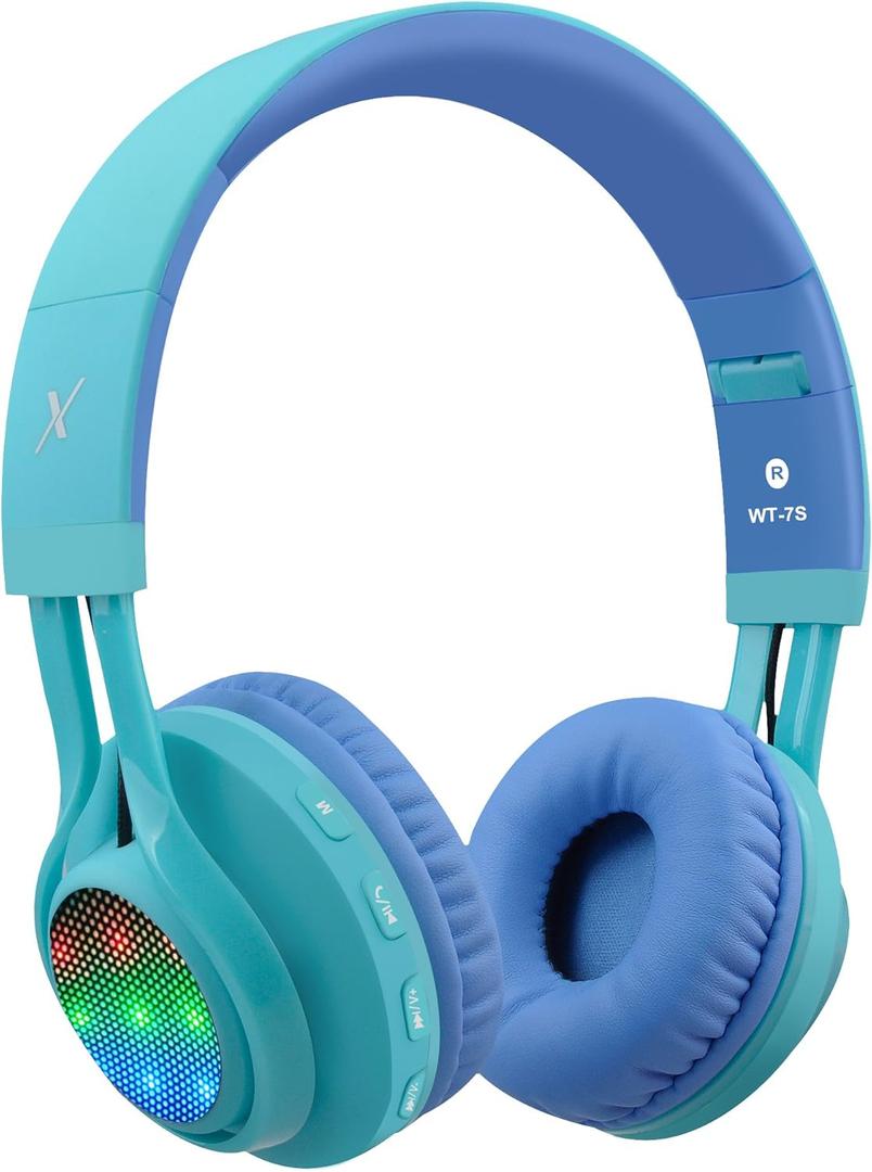 Riwbox WT-7S Kids Bluetooth Headphones, LED Light Up Wireless Foldable Stereo Headset with Microphone and Volume Control for PC/Tablet/TV/Travel (Blue) (Adjustable to fit the head shape)