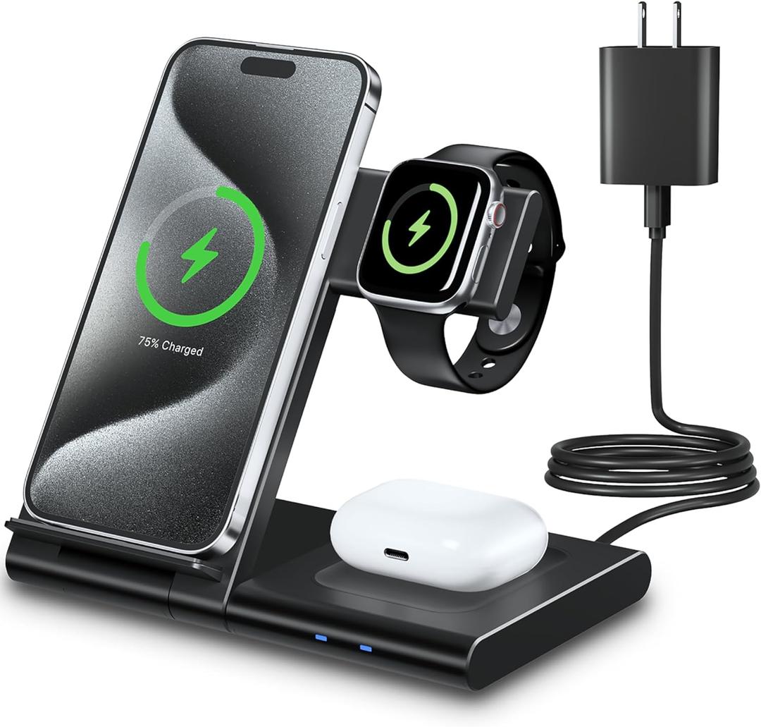 Charging Station for Apple Multiple Devices, Foldable 3 in 1 Wireless Charger for iPhone 16 15 14 13 Pro Max Plus &Apple Watch 10 9 Ultra 8 7 6 5 4 3 2 SE/AirPods Pro 4 3 2
