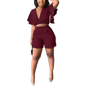 Fooullaide Womens Summer 2 Piece Outfit Set Crop Top Butterfly Sleeve Short Set Sexy Beach Vacation 2pc Sets S Wine Red
