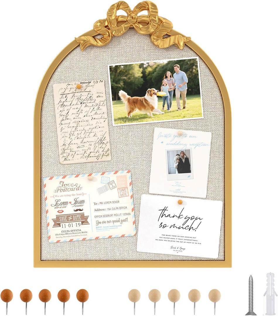 Vintage Arched Linen Cork Board with Gold Bow 16"x21" Decorative Bulletin Board for Walls, Metal Frame Pin Board for Notes, Photos & Reminders, Elegant Vision Board for Home & Office