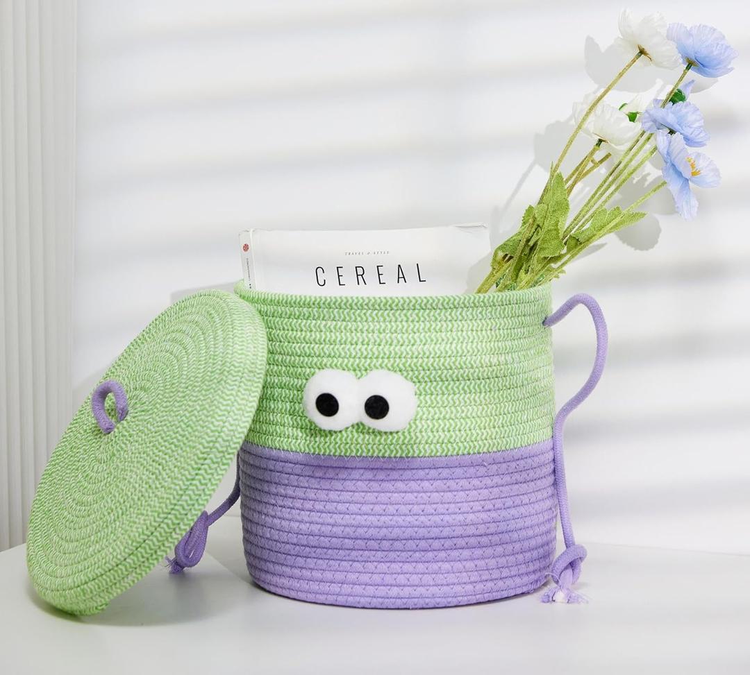 Bellar Small Woven Storage Basket with Lid Cute Animal Basket Toy Organizers Cotton Rope Storage For Living Room Area Decorative Small Cotton Rope Boxes Aesthetic With Lid-10''*10''-Gradiet&Green (Medium)