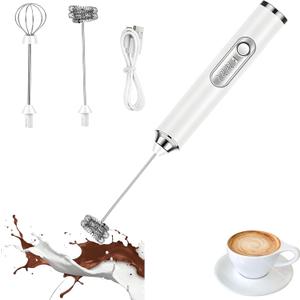 Handheld Milk Frother Wand 3-Speed,Electric Whisk Drink Mixer for Coffee,Milk,Cream,Lattes,Usb Charging with 2 Heads,Coffee Enthusiasts Gift-White