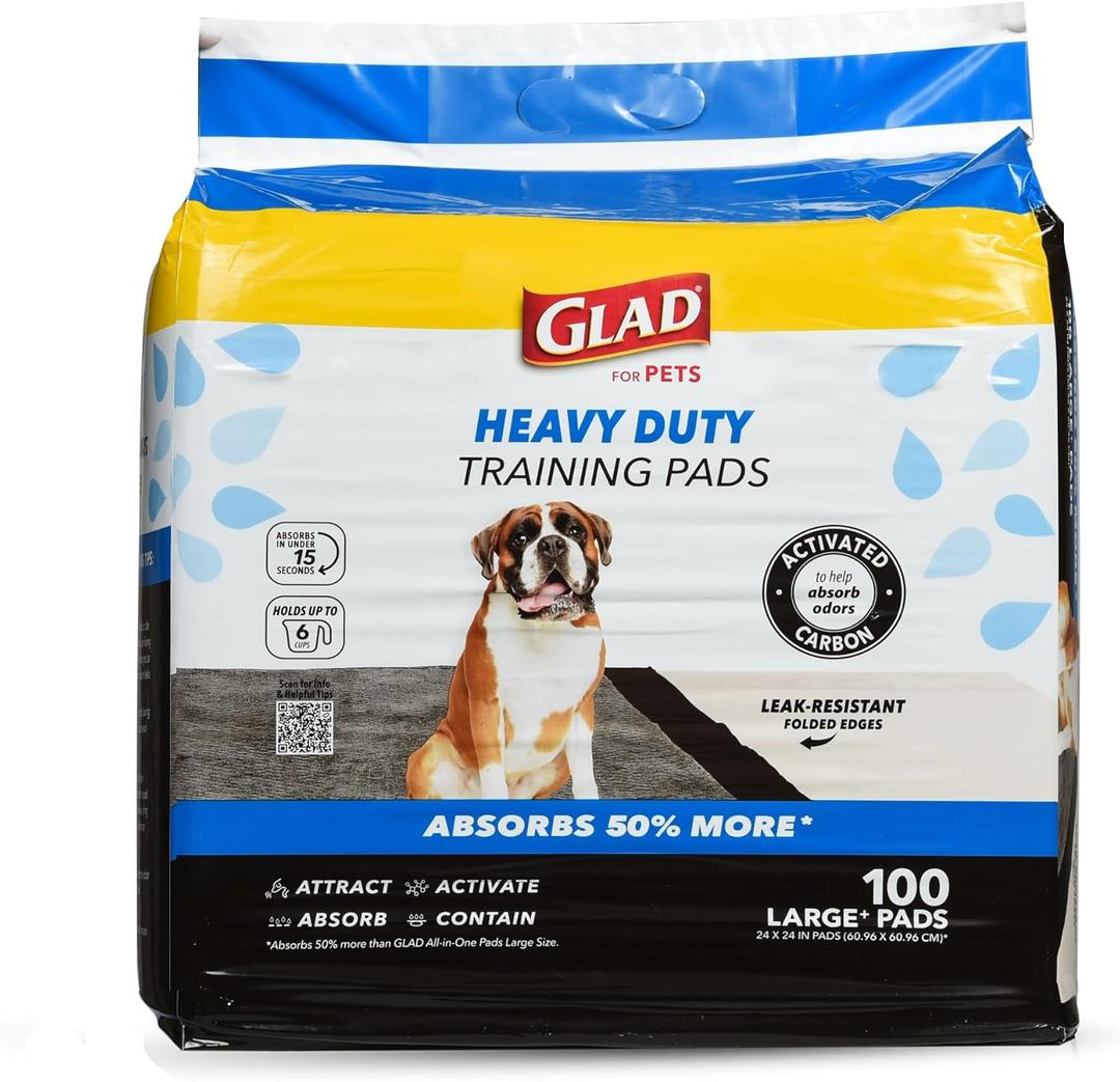 Glad for Pets Heavy Duty Activated Carbon Training Pads, 24" x 24" 100ct | Ultra Absorbent Training Pads  Absorbs 50% More Than Standard Pad in Same Size; Heavy Duty Puppy Potty Training Pads