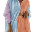 Linsery 2 Piece Summer Outfits Button Down Shirt Top and Shorts Casual Lounge Sets M