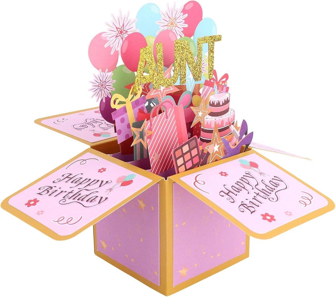 Happy Birthday Aunt Pop Up Card, Foldable 3D Birthday Greeting Card with Envelope Funny Colorful Balloons and Fireworks Popup Gift Box for Aunt, 23x23x17.6cm/9.06x9.06x6.93 in