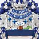 Navy Blue Birthday Party Decorations Set  Blue Theme Supplies with Banner, Star Garland, Crown, Heart & Star Foil Balloons, Fringe Curtain, Cake Topper, Tablecloth, Confetti Balloons for Men & Women