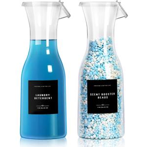 Laundry Detergent Dispenser Bottle 40oz with Waterproof Label for Detergent, Soap, Fabric Softener, Scent Booster Beads, Sturdy PET Bottle for Laundry Room Decor - 2 Pack Black