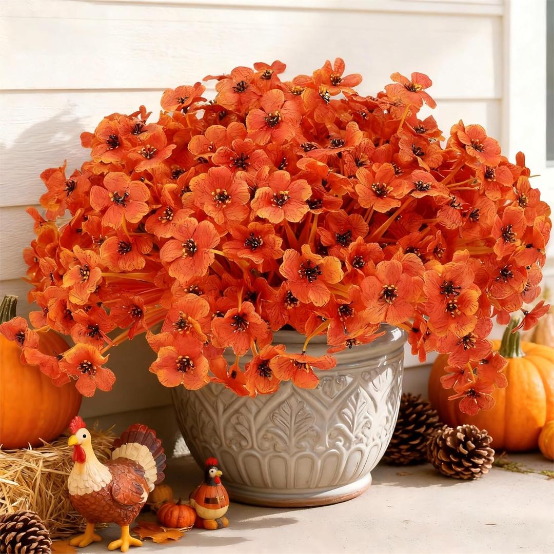 Geegoods Artificial Mum Flowers for Outdoors, 16 Bundles UV Resistant Faux Plastic Mum Flowers for Halloween Front Door Porch Patio Yard Balcony Decor (Autumn)