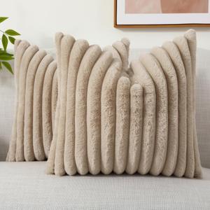 decorUhome Faux Fur Throw Pillow Covers 16x16 Set of 2, Decorative Soft Plush Striped Neutral Couch Pillow Covers with Velvet Back for Sofa, Bed, Living Room Home Decor, Khaki