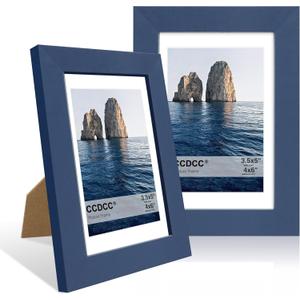 4x6 Picture Frame Set of 2, 4 x 6 Wood Photo Frames with Mat for 3.5x5, Natural Wooden Frame with Real Glass Cover for Wall and Tabletop Display,Blue