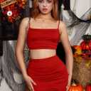 BEAGIMEG Women's Ruched Cami Crop Top Bodycon Skirt 2 Piece Outfits Dress (Red, S)