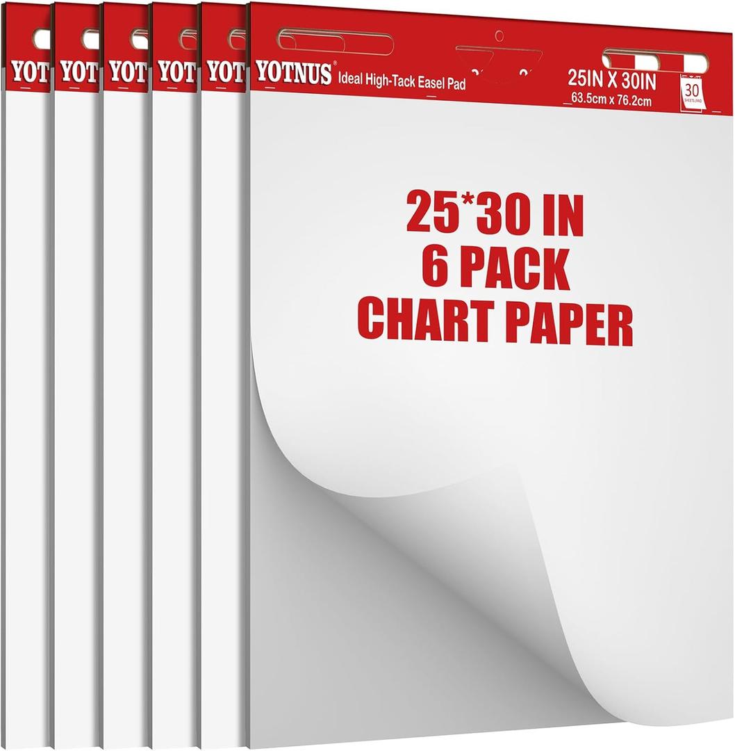 25" x 30" Flip Chart Paper, Sticky Easel Pad with Carrying Handle, Easel Paper with Self-Adhesive, Large Sticky Chart Paper for Teachers Teaching Supplies 30 Sheets/Pad (6 Pad)