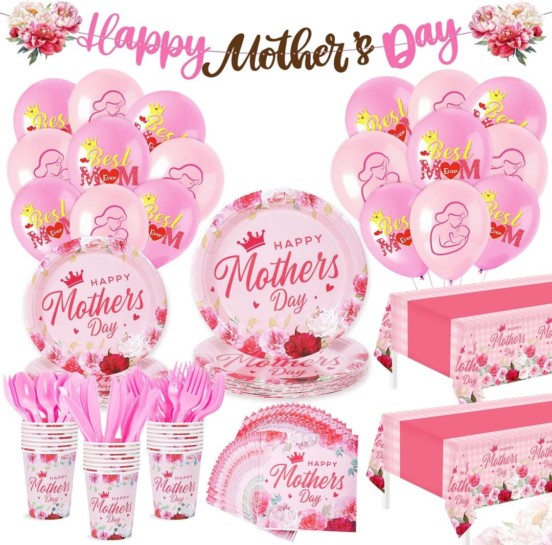 191Pcs Mother's Day Party Decorations Happy Mothers Day Party Supplies Tableware Set Include Paper Plates Napkins Cup Tablecloth Banner Best Mom Balloons Dinnerware for Mothers Day Serves 24 Guests