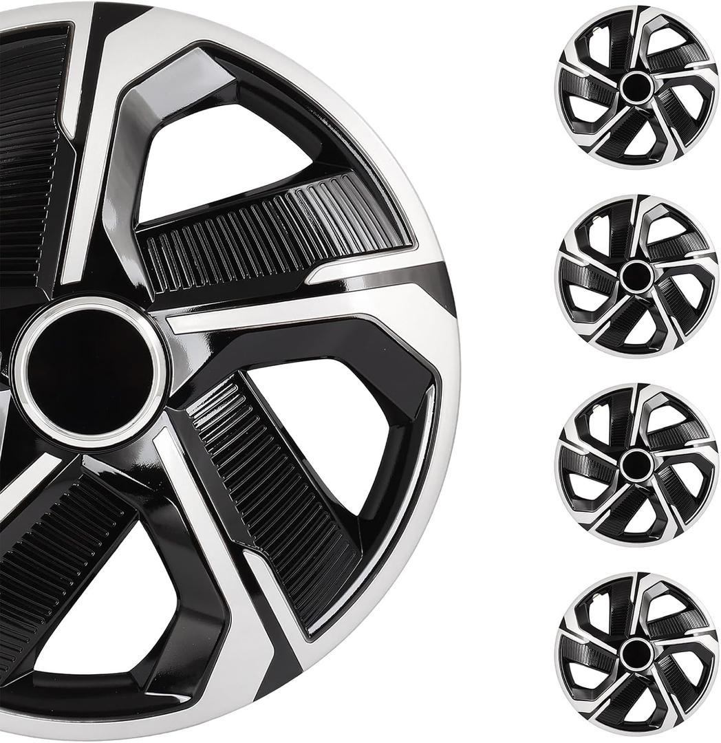 SCITOO 15 Inch Hubcaps 4-Pack Black & Silver Wheel Rim Cover Replacement Universal Fit Snap on R15 PP Material Set of 4 Hubcaps