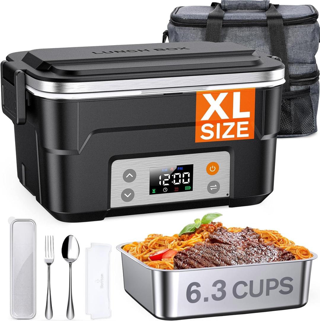 EAST OAK XL 6.3-Cup Cordless Electric Lunch Box for Adults, Heated Lunch Box for Men with Scheduled Heating, Portable Car Food Warmer with Utensils, Two-Tier Bag, Removable Divider (Extra Large, Black)