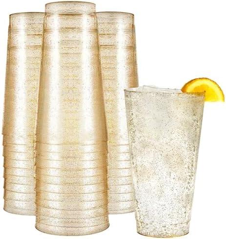 R-kay 16 oz Gold Glitter Plastic Cups For Party - 50 Pack Gold PLastic Cups - Hard Disposable Cups - Premium Heavy Duty Gold Cups - Disposable Cocktail Glasses - Party Cups (16 OZ)