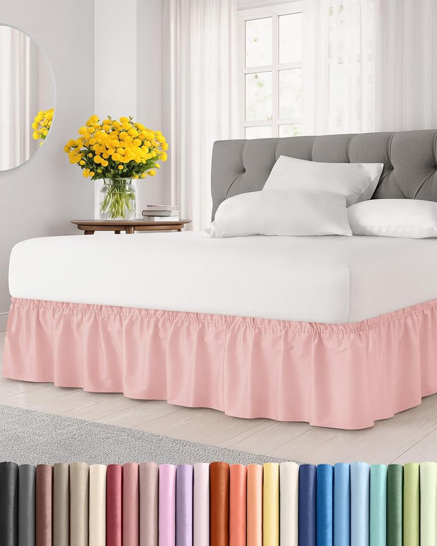 Wrap Around Dust Ruffle Bed Skirt - Baby Pink - Queen Size Beds w/ 12 Inch Drop - Easy Fit Elastic Strap - Adjustable Pleated Bedskirt w/Brushed Fabric - Wrinkle Free - Women, Men, Kids & Teens