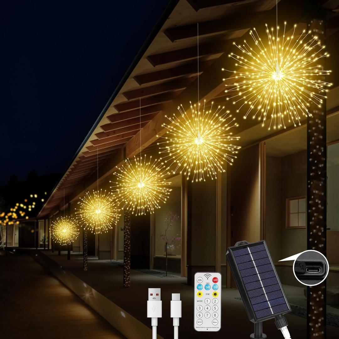 Solar Christmas Firework Lights Outdoor, 5 Pack 1000LED Solar Starburst Lights with Remote, 8 Modes Dimmable Waterproof Hanging Fairy Lights for Garden, Patio, Holiday Christmas Decor (Warm White)