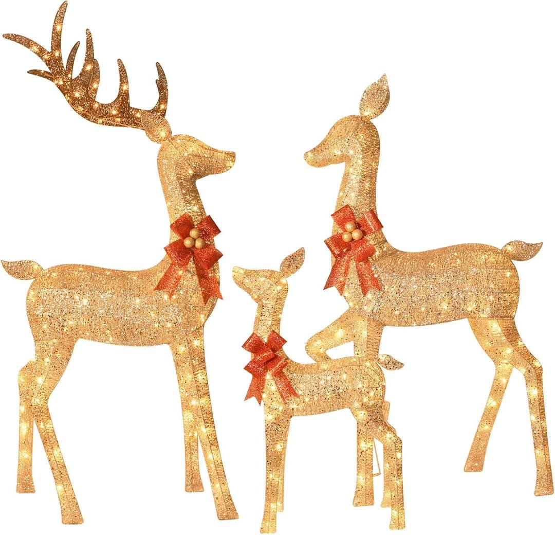 3D 6.5FT Christmas Deer Family Set, 340 LEDs - Gold