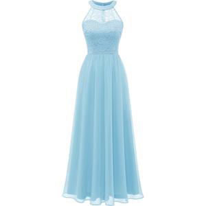 Wedtrend Women's Formal Dress, Halter Long Prom Dress Floral Lace Bridesmaid Dresses (L, Blue)