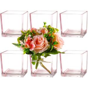 Square Glass Vases Set of 6, 4" x 4" x 4" Square Flower Vases for Centerpieces, Pink Vase for Flowers, Small Vase for Wedding, Party, Home Office Decoration
