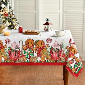 Horaldaily Christmas Tablecloth 60×84 Inch Rectangular, Gingerbread Man Cute Christmas Bear Ball Ornaments Washable Table Cover for Party Picnic Dinner Decor