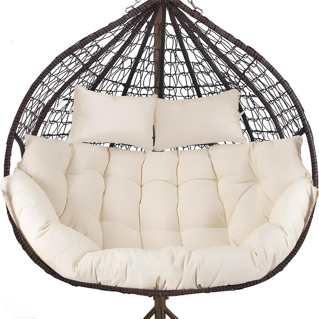 DANGHOOGY Outdoor Double Egg Chair Cushions, Waterproof Wicker Egg Chair Replacement Cushion, Thickened Hanging Chair Cushion, 65x47x7 Inches (Cream), Patio Furniture Cushions