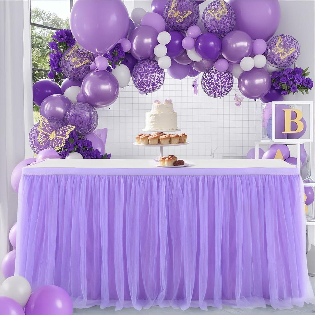 Suppromo 6ft Purple Table Skirt for Baby Shower Girl Tulle Tutu Table Skirt Rectangle Purple Table Cloth for Parties Butterfly Mermaid Birthday Wedding Cake Dessert Desk Skirt Decorations (72" x 30" (6FT))