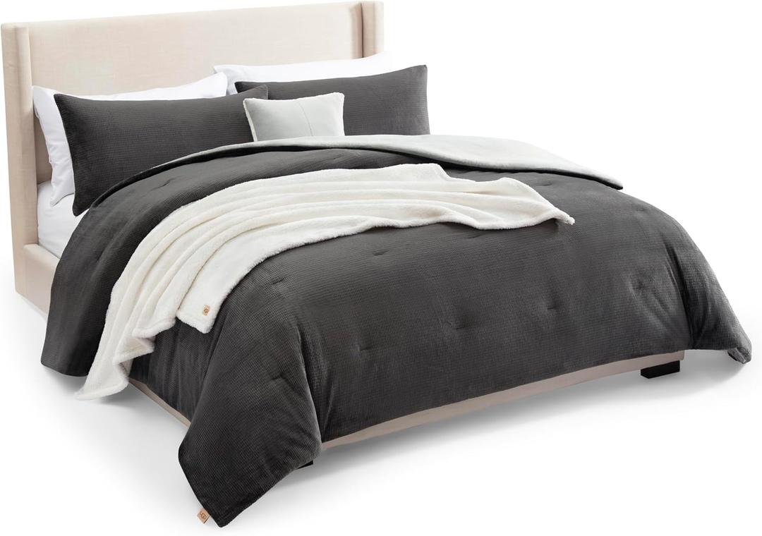 UGG Remina Comforter Set 5 Piece Bed in a Bag with Throw Blanket, Decorative Pillow, Shams, and Reversible Comforter Hypoallergenic Washable Luxury Plush Warm Fluffy Bedding Set, King, Charcoal Grey