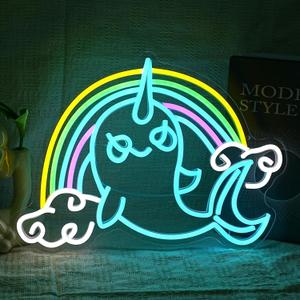 Rainbow Narwhal Neon Sign Dreamy Narwhal Led Sign Dimmable Rainbow Cloud Light up Sign Cute Fish Neon Light Decor for Bedroom Living Room Girl Dorm Shop Birthday Party Wedding Cartoon Lover