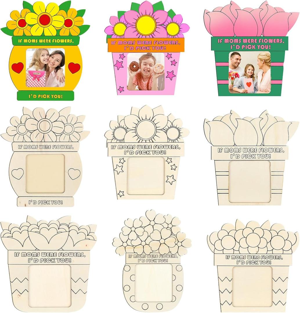 Menkxi 24 Pcs Color Your Own Wood Mother's Day Frame Flowers DIY Craft Kits for Kids 6.69 x 7.09 Inch Picture Frame for Mother's Day Gifts from Daughter Son Kindergarten Photo Decor(Regular)