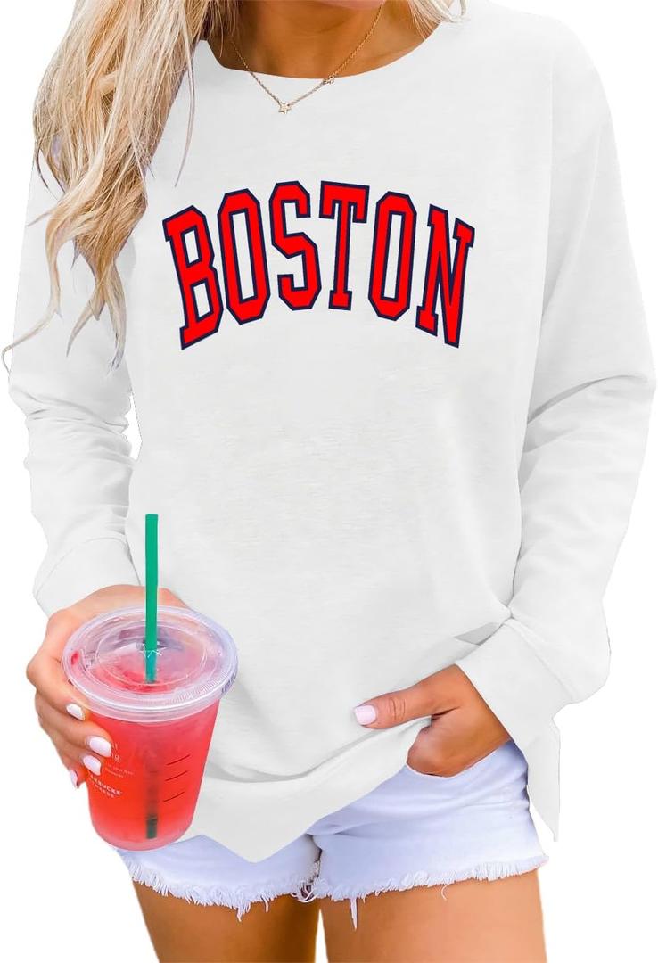 Dressmine Womens Casual Long Sleeve Graphic Tee Shirts Crew Neck Sweatshirts Pullover Tops for Women (Medium, Boston White)