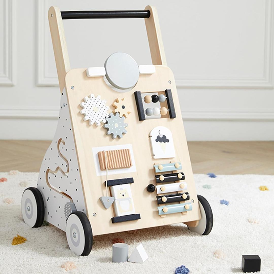 Asweets Wooden Baby Walker Push and Pull Learning Activity Walker Kids Activity Toy Multiple Activities Center Develops Motor Skills & Stimulates Creativity (Natural)
