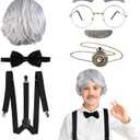 Fraiieon 1920s Old Man Costume Set for Kids 100th Day of School Grandpa Cosplay Accessories (Wig, Glasses, Bow Tie, Suspenders, Eyebrows & Mustache, Watch) (Gray)
