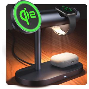 iVANKY Qi2 Certified 4 in 1 Wireless Charging Stand with 3 Level Nightstand Light for MagSafe Magnetic Charger Station, 3 in 1 Fast Charge Multiple Devices for iPhone 16/15/14,Apple iWatch, Airpods