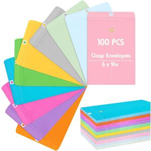 Geyee 100 Pcs Clasp Manilla Envelopes 6 x 9 Inch Gummed Colored Envelopes for Storing or Mailing for Home Office Business Supplies(10 Colors)