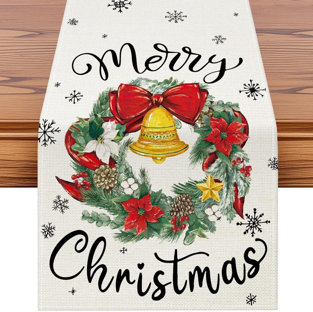 3 x Artscope Wreath Merry Christmas Table Runner, Xmas Winter Holiday Kitchen Dining Table Decoration for Christmas Home Decor 13x36 Inch-Beige