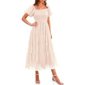 PRETTYGARDEN Women's Smocked Midi Tulle Dress 2025 Summer Puffy Short Sleeve Square Neck Ruffle Wedding Guest Party Dresses Medium Beige