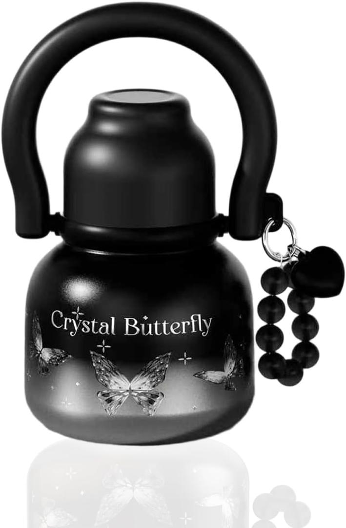 22 oz Water Bottle with Straw and Bowl, Unique Wide Mouth Insulated Stainless Steel Tumbler, Beach Vacation Essentials, Aesthetic Fashion Gift for Her, Mom, Heart Charm, Black & Pink (Crystal Butterfly Silver)