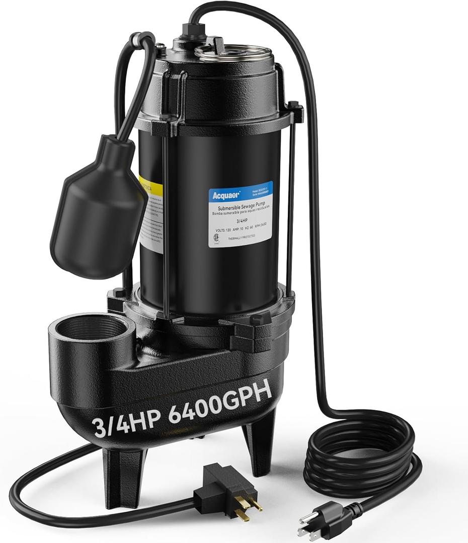 Acquaer Sewage Pump Submersible Water Pump with Automatic Float Switch, for Sump Basin, Residential Sewage, Black, 2'' NPT 3/4 HP 6400 GPH