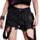WDIRARA Women's Ripped Raw Hem High Waisted Denim Shorts Goth Studded Punk Shorts (Black), S
