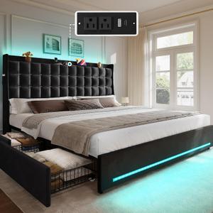 YITAHOME King Size Bed Frame, 4 Drawers and RGB LED Light,Charging Station | Velvet Upholstered Platform Bed with Storage Headboard, No Box Spring Needed, Easy Assembly, Noise-Free, Black