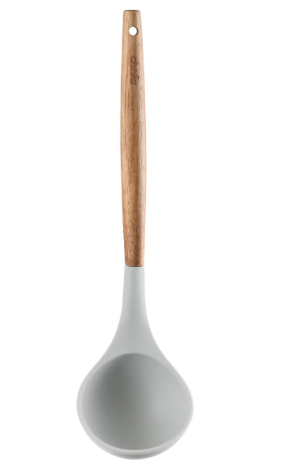 Silicone Soup Ladle - with Wooden Handle, Non-Stick Cookware Heat Resistant Kitchen Utensil - Silver Gray