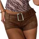Floerns Women's Y2k Leather Mini Shorts Low Rise Buckle Belt Skinny Night Out Short Pants (Brown)