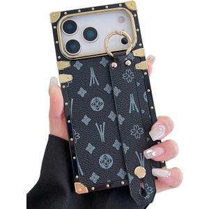 Compatible with iPhone 17 Pro Max Case Luxury Designer for Women Girls,Rectangle Leather with Wristband Strap Kickstand Holder Protective Cover for 17 Pro Max - 6.9 inch (Black)