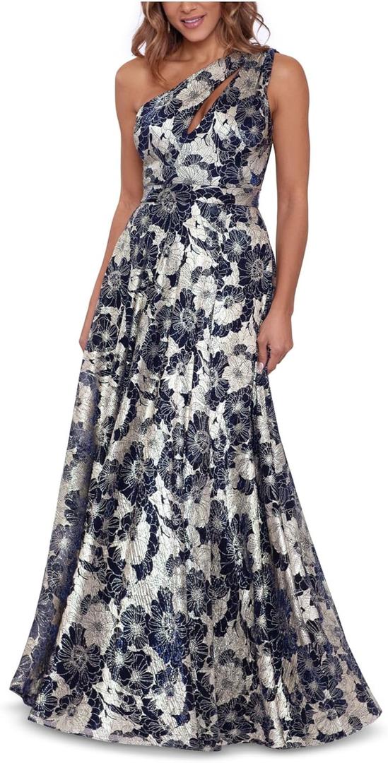 Betsy & Adam Women's Long Sleeveless One Shoulder Metallic Print Gown (14, Navy/Gold)